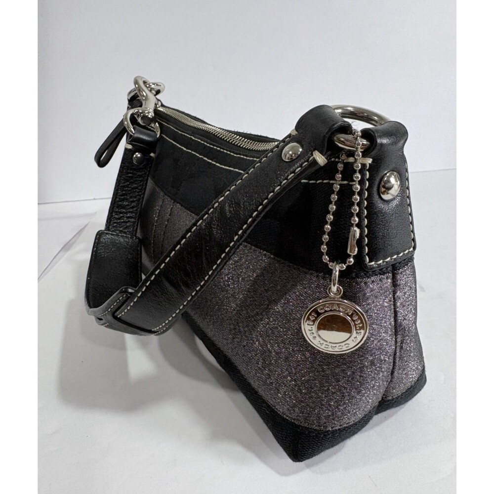 Coach Mini Hand Shoulder Purse Black  / Silver Canvas Leather Bag
